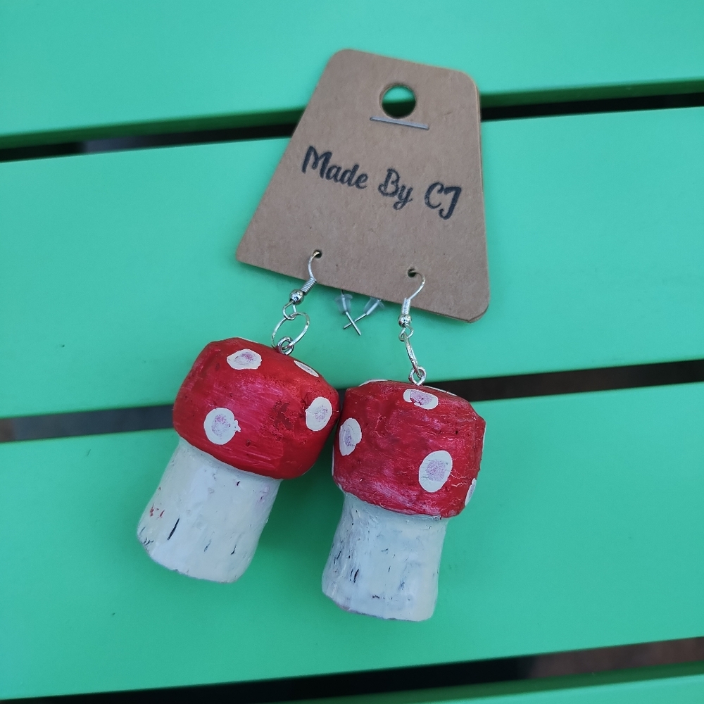 Upcycled cork mushroom earrings
